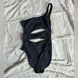 Aerie Black One-Shoulder Cutout Swimsuit